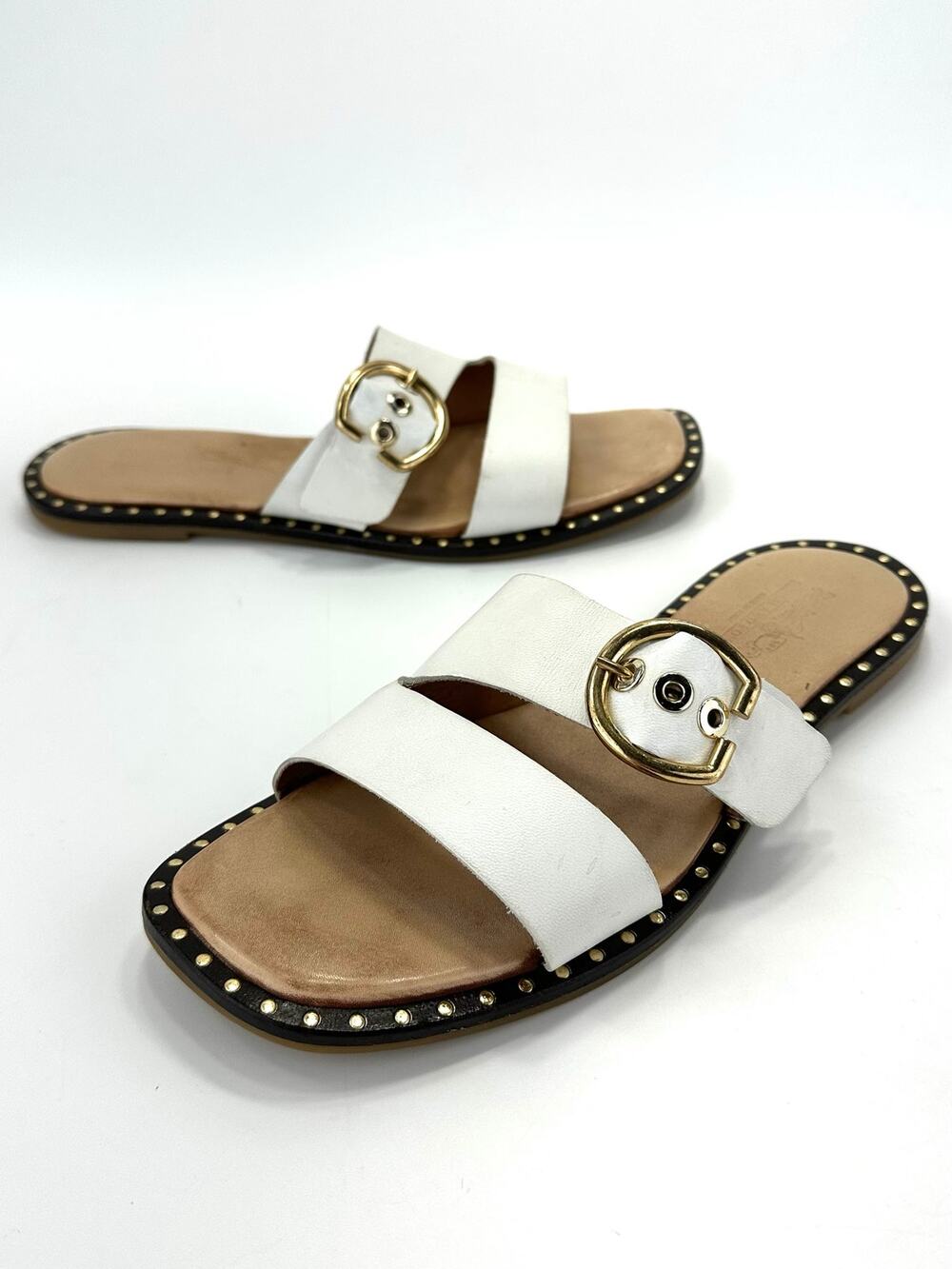 Coach Flat Slide Sandal Size 6.5 White Leather Two-Straps Italian Designer Comfy